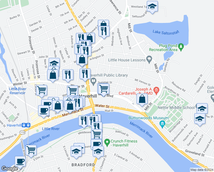 map of restaurants, bars, coffee shops, grocery stores, and more near 46 Green Street in Haverhill