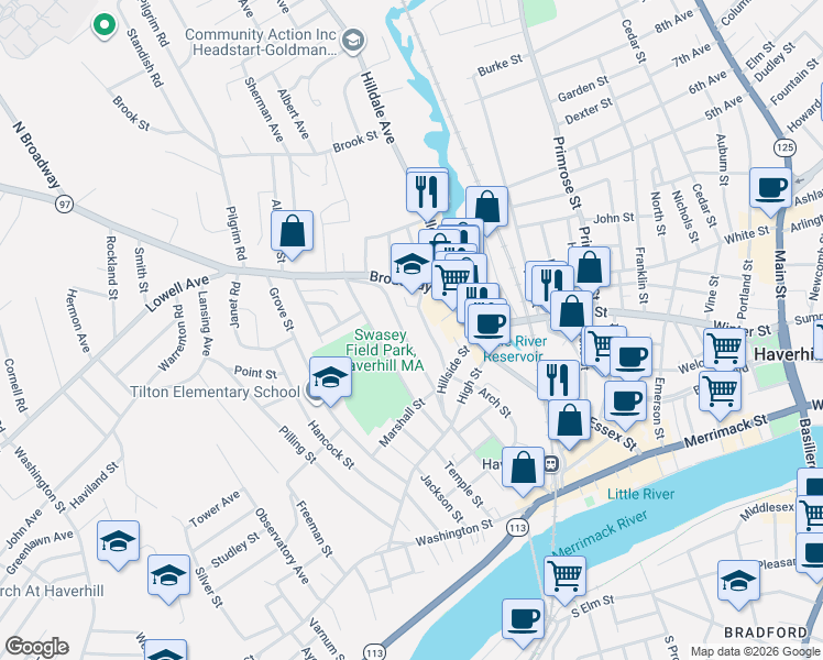 map of restaurants, bars, coffee shops, grocery stores, and more near 81 Blaisdell Street in Haverhill