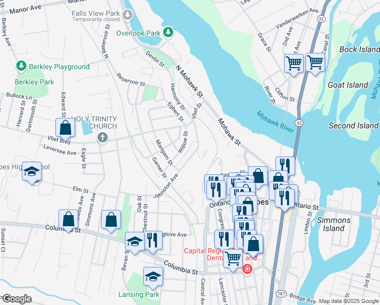 map of restaurants, bars, coffee shops, grocery stores, and more near 17 Johnston Avenue in Cohoes