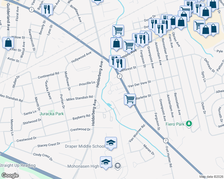 map of restaurants, bars, coffee shops, grocery stores, and more near B109 Curry Road in Schenectady