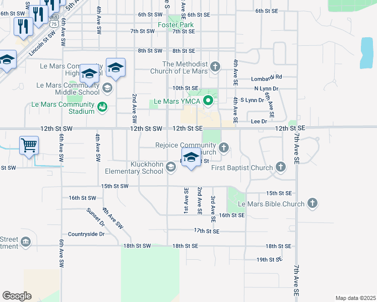 map of restaurants, bars, coffee shops, grocery stores, and more near 111 Prospect Street in Le Mars