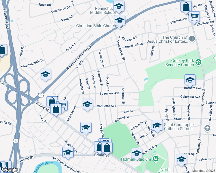 map of restaurants, bars, coffee shops, grocery stores, and more near 15 Hooker St in Nashua