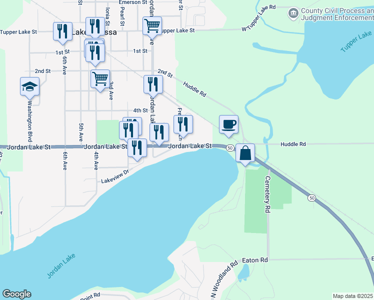 map of restaurants, bars, coffee shops, grocery stores, and more near 1524 Jordan Lake Avenue in Lake Odessa