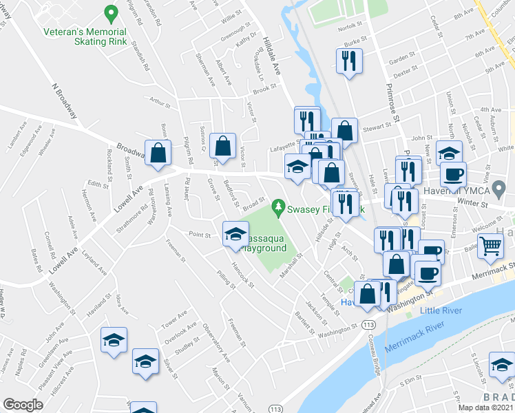map of restaurants, bars, coffee shops, grocery stores, and more near 12 Broad Street in Haverhill