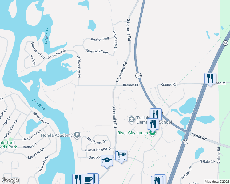 map of restaurants, bars, coffee shops, grocery stores, and more near 4621 South Loomis Road in Waterford