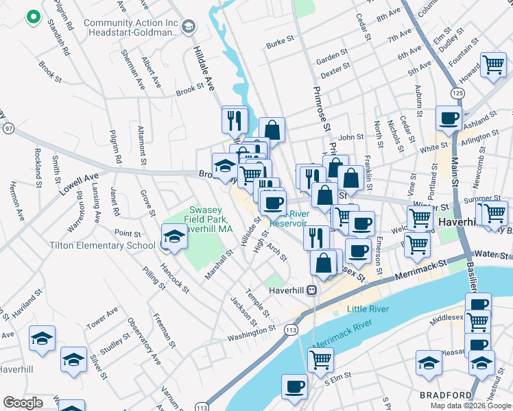 map of restaurants, bars, coffee shops, grocery stores, and more near 44 Lafayette Square in Haverhill