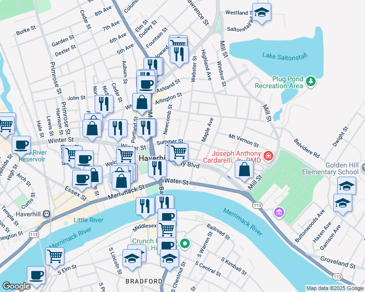 map of restaurants, bars, coffee shops, grocery stores, and more near 46 Green Street in Haverhill