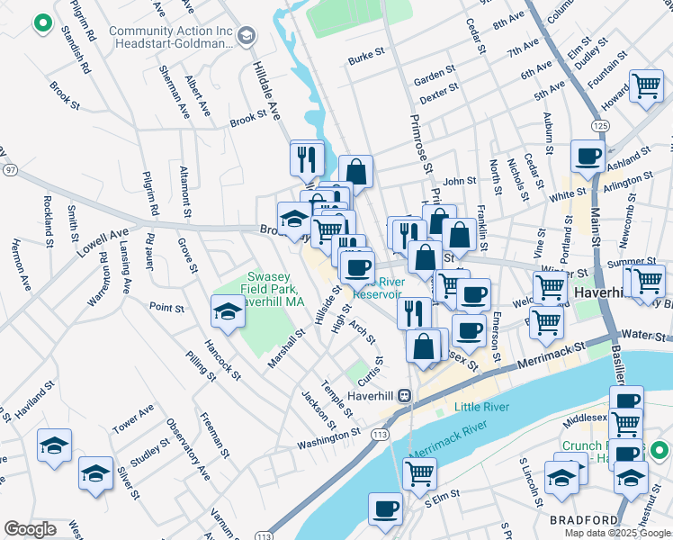 map of restaurants, bars, coffee shops, grocery stores, and more near 44 Lafayette Square in Haverhill