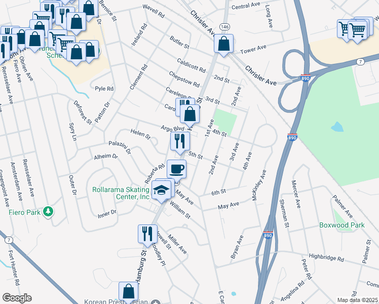 map of restaurants, bars, coffee shops, grocery stores, and more near 2617 New York 146 in Schenectady