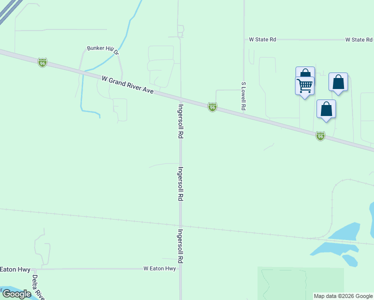 map of restaurants, bars, coffee shops, grocery stores, and more near 16477 Ingersoll Road in Lansing