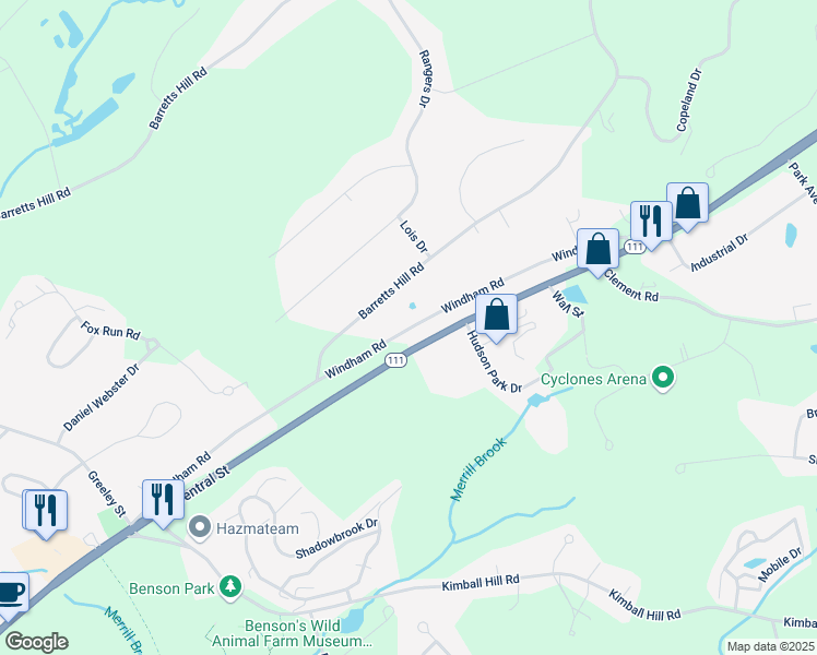 map of restaurants, bars, coffee shops, grocery stores, and more near 46a Windham Road in Hudson