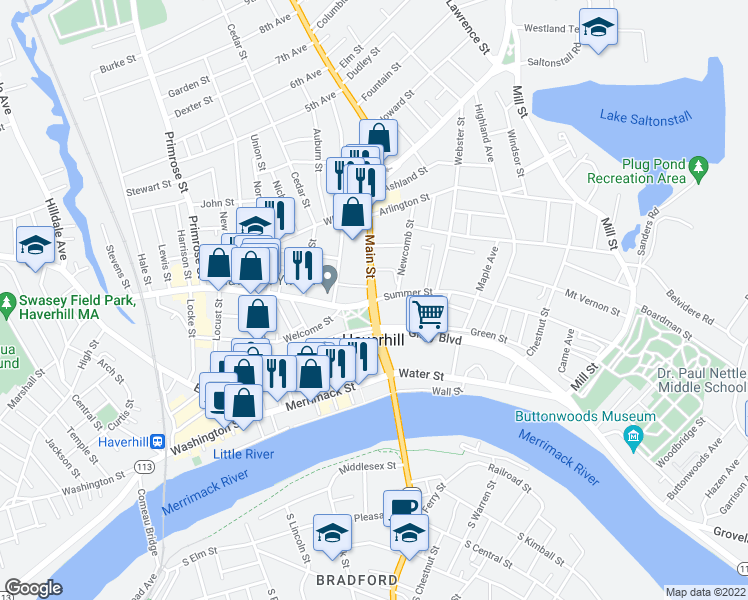 map of restaurants, bars, coffee shops, grocery stores, and more near Main St & Summer St in Haverhill