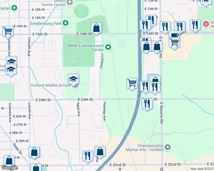map of restaurants, bars, coffee shops, grocery stores, and more near 507 Century Lane in Holland