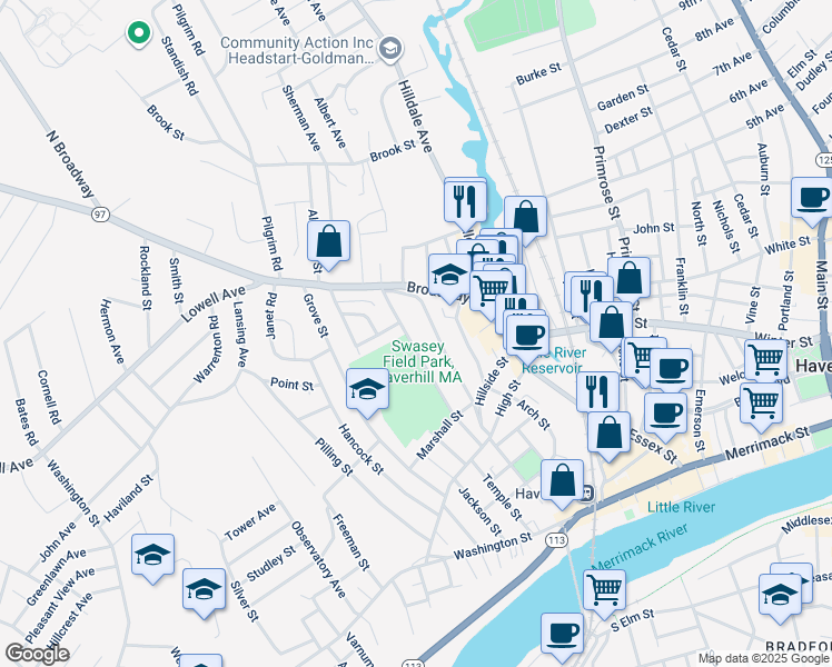 map of restaurants, bars, coffee shops, grocery stores, and more near 81 Blaisdell Street in Haverhill