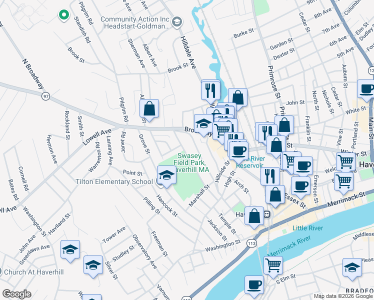 map of restaurants, bars, coffee shops, grocery stores, and more near 81 Blaisdell Street in Haverhill
