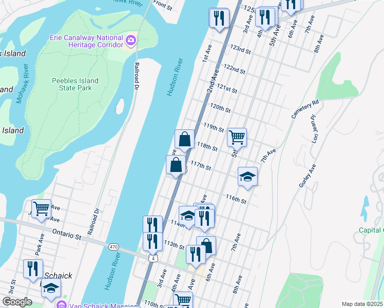 map of restaurants, bars, coffee shops, grocery stores, and more near 13-15 117th Street in Troy