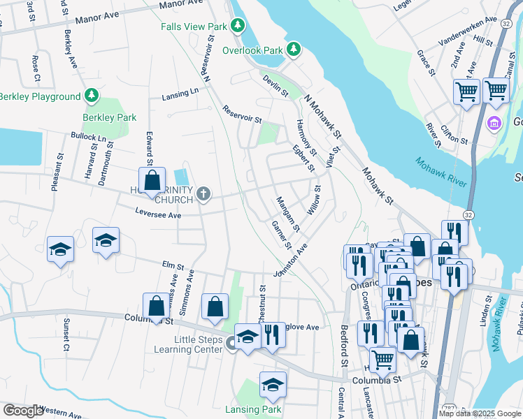 map of restaurants, bars, coffee shops, grocery stores, and more near 57 Central Terrace in Cohoes