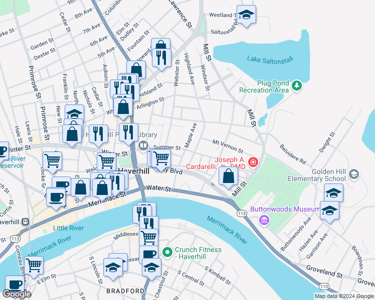 map of restaurants, bars, coffee shops, grocery stores, and more near 3 Maple Avenue in Haverhill
