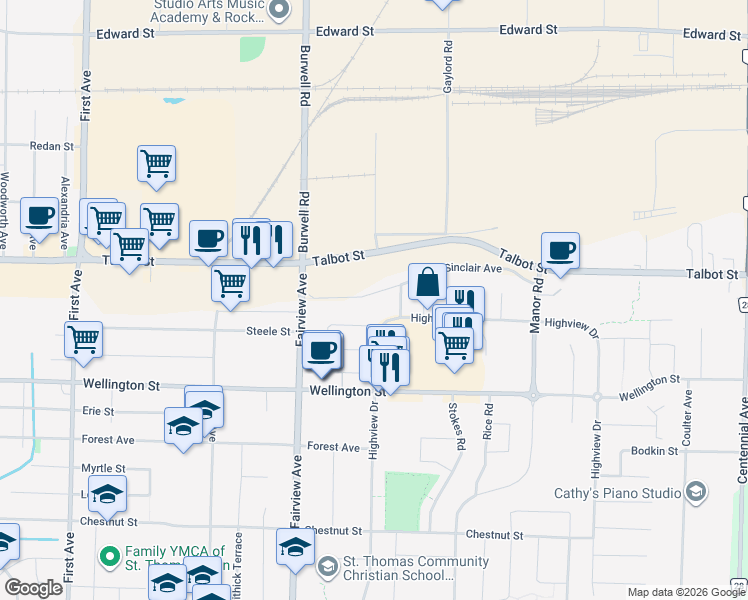 map of restaurants, bars, coffee shops, grocery stores, and more near 26 Sinclair Avenue in St. Thomas
