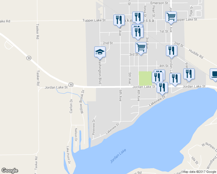 map of restaurants, bars, coffee shops, grocery stores, and more near 650 Jordan Lake Street in Lake Odessa