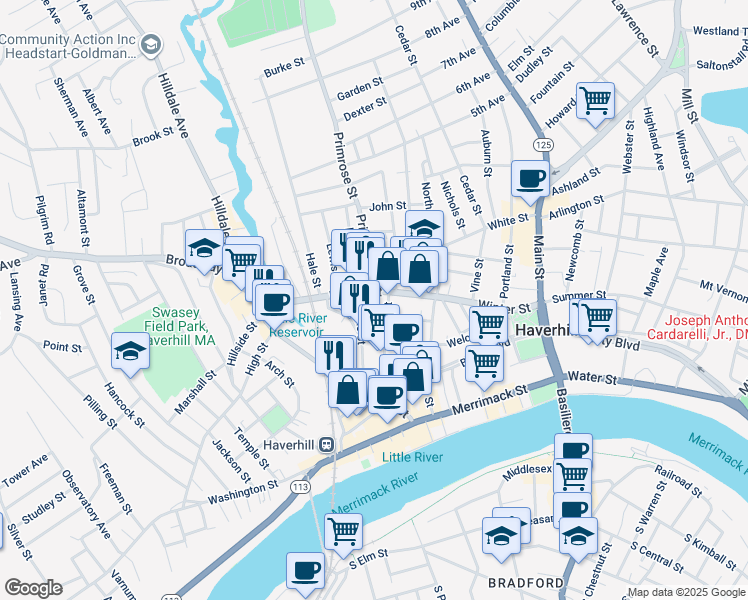 map of restaurants, bars, coffee shops, grocery stores, and more near 190 Winter Street in Haverhill