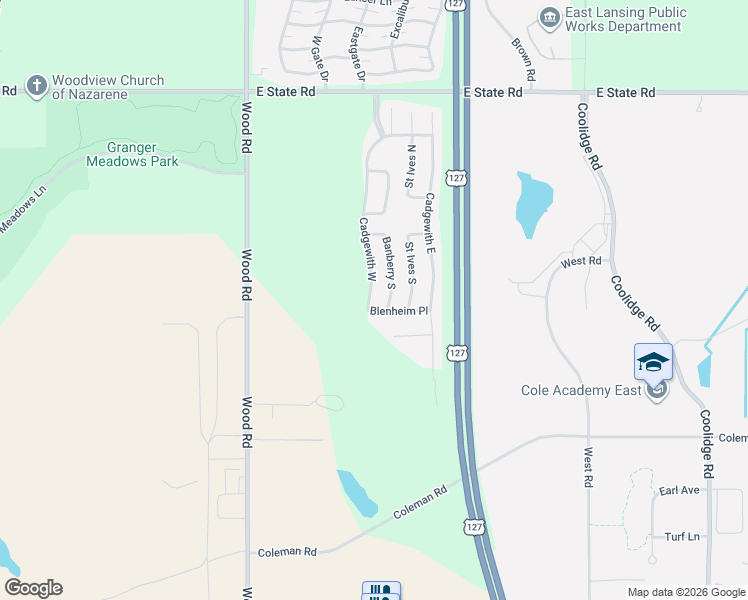 map of restaurants, bars, coffee shops, grocery stores, and more near 404 Blenheim Place in Lansing