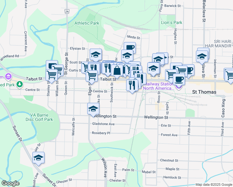 map of restaurants, bars, coffee shops, grocery stores, and more near 35 Elizabeth Street in St. Thomas