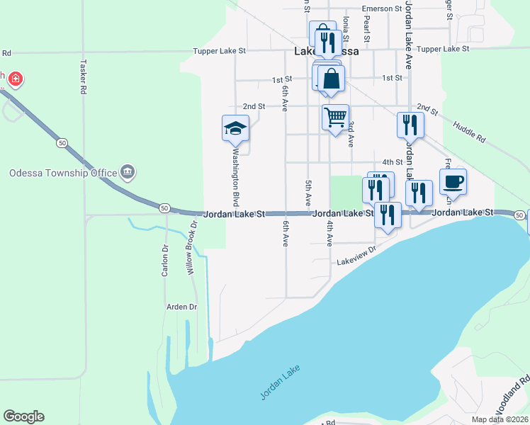 map of restaurants, bars, coffee shops, grocery stores, and more near 650 Jordan Lake Street in Lake Odessa