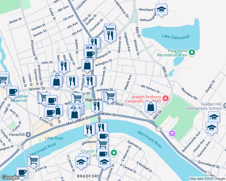 map of restaurants, bars, coffee shops, grocery stores, and more near 55 Summer Street in Haverhill