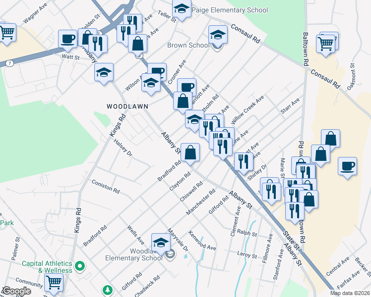 map of restaurants, bars, coffee shops, grocery stores, and more near 3063 Albany Street in Schenectady