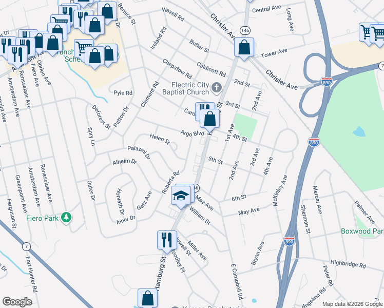 map of restaurants, bars, coffee shops, grocery stores, and more near 1033 Roberta Road in Schenectady