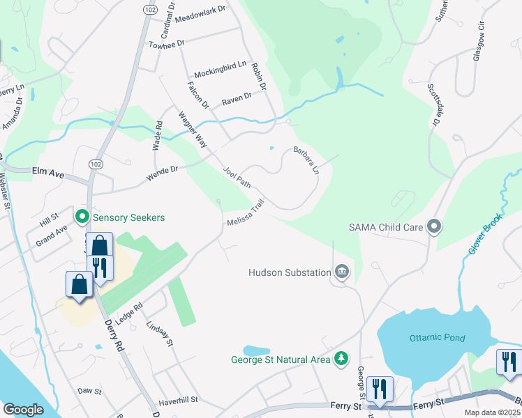 map of restaurants, bars, coffee shops, grocery stores, and more near 11 Melissa Trail in Hudson