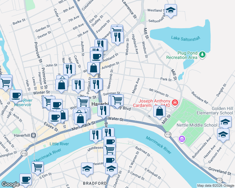 map of restaurants, bars, coffee shops, grocery stores, and more near 46 Green Street in Haverhill