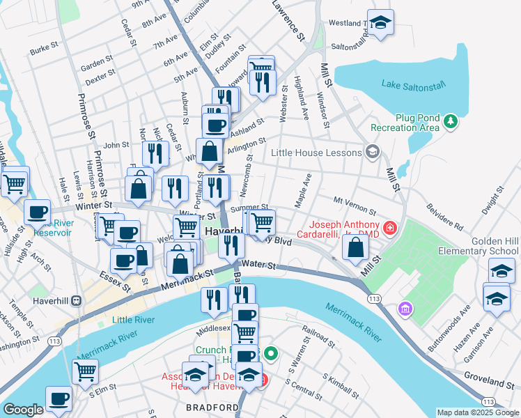 map of restaurants, bars, coffee shops, grocery stores, and more near 46 Green Street in Haverhill