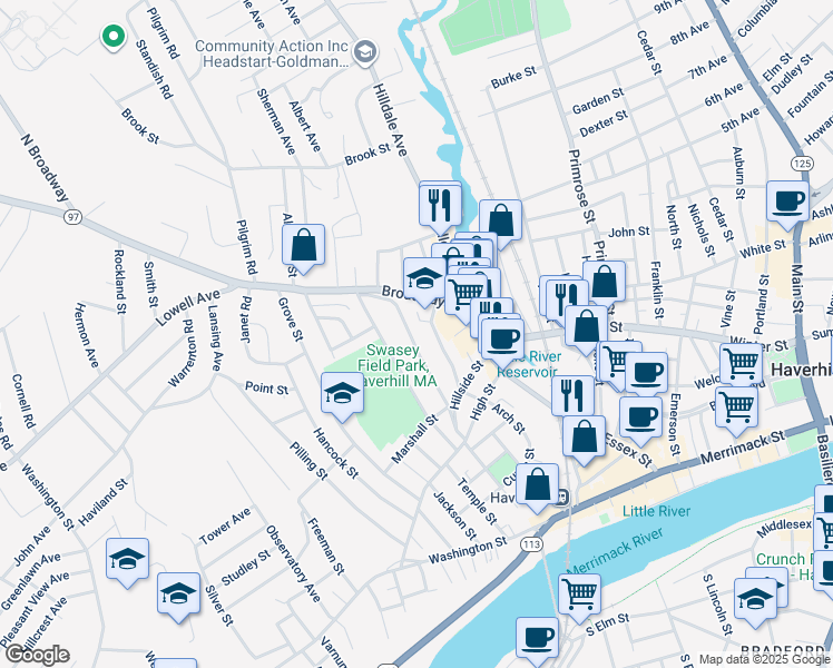 map of restaurants, bars, coffee shops, grocery stores, and more near 81 Blaisdell Street in Haverhill