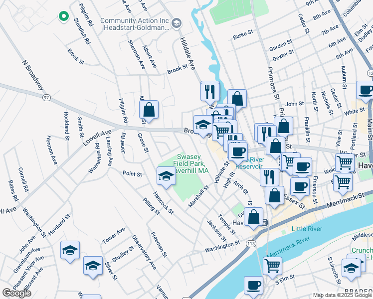 map of restaurants, bars, coffee shops, grocery stores, and more near 81 Blaisdell Street in Haverhill