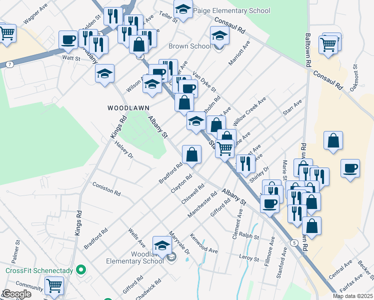 map of restaurants, bars, coffee shops, grocery stores, and more near 3063 Albany Street in Schenectady
