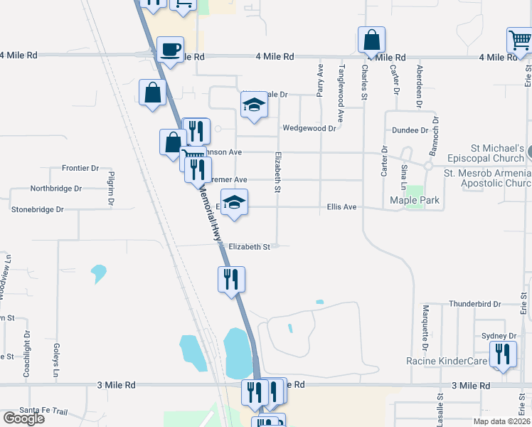 map of restaurants, bars, coffee shops, grocery stores, and more near 4506 Elizabeth Street in Racine