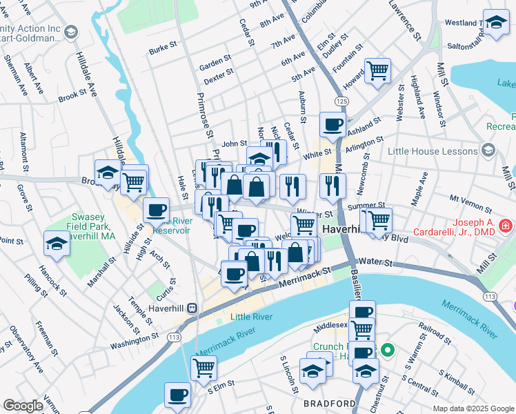 map of restaurants, bars, coffee shops, grocery stores, and more near 112 Emerson Street in Haverhill