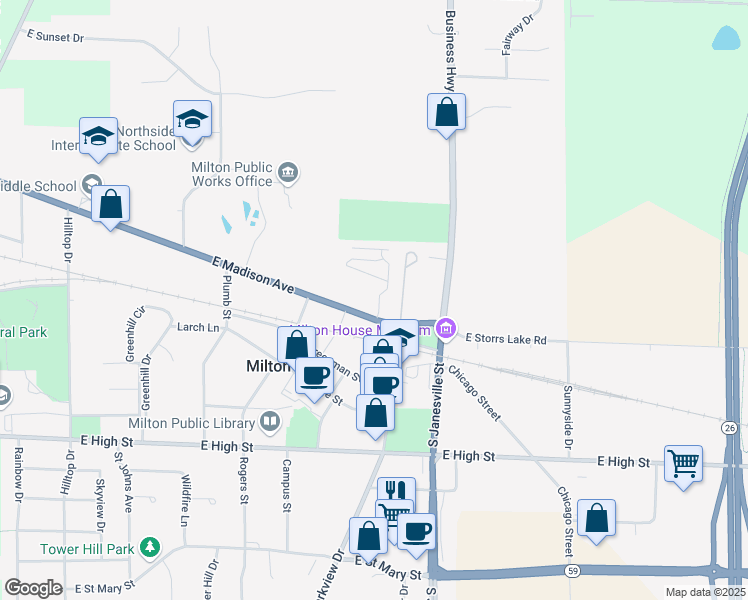map of restaurants, bars, coffee shops, grocery stores, and more near 528 East Madison Avenue in Milton