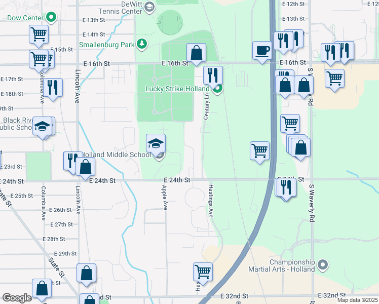 map of restaurants, bars, coffee shops, grocery stores, and more near 429 East 24th Street in Holland