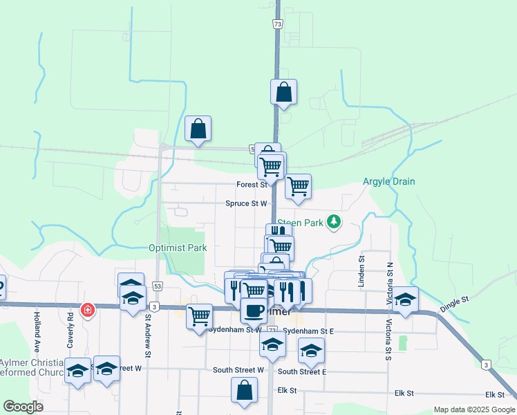 map of restaurants, bars, coffee shops, grocery stores, and more near 59 Cedar Street in Aylmer