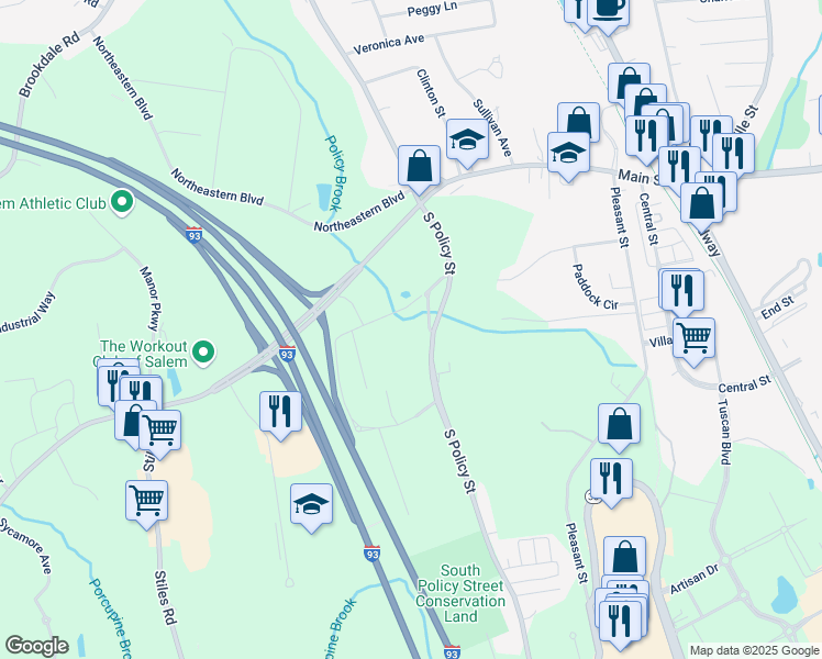 map of restaurants, bars, coffee shops, grocery stores, and more near 28 South Policy Street in Salem