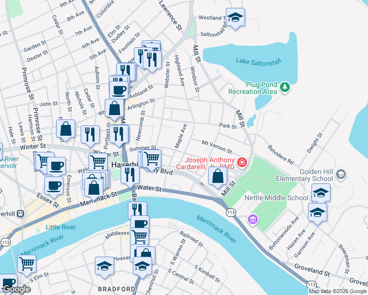 map of restaurants, bars, coffee shops, grocery stores, and more near 125 Summer Street in Haverhill
