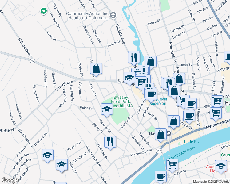 map of restaurants, bars, coffee shops, grocery stores, and more near 12 Broad Street in Haverhill