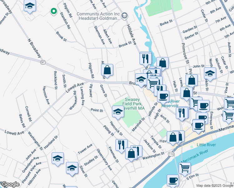 map of restaurants, bars, coffee shops, grocery stores, and more near 47 Bedford Street in Haverhill