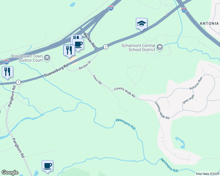 map of restaurants, bars, coffee shops, grocery stores, and more near 96 Country Walk Road in Schenectady