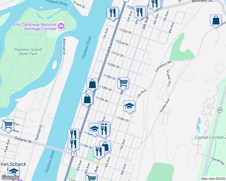 map of restaurants, bars, coffee shops, grocery stores, and more near 4th Avenue & 118th Street in Troy