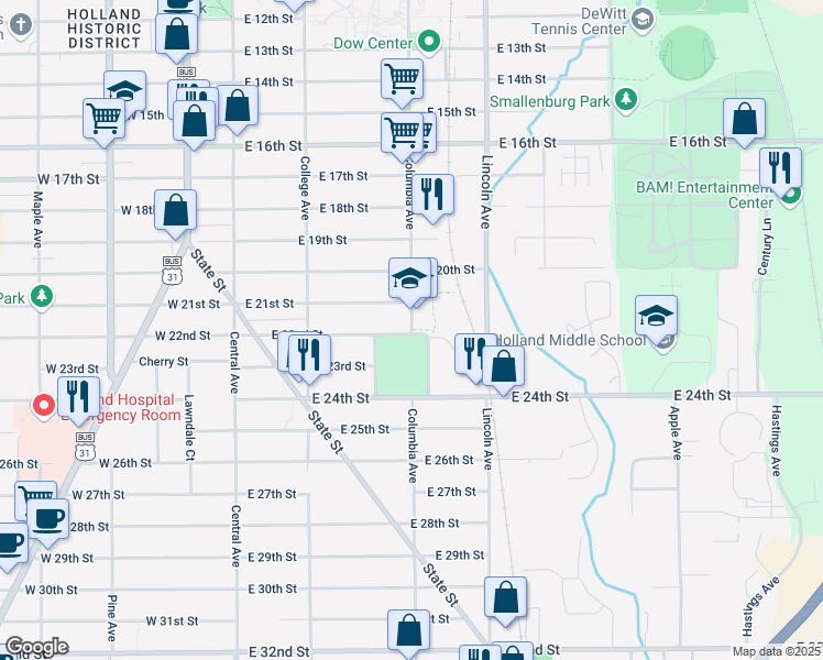 map of restaurants, bars, coffee shops, grocery stores, and more near Columbia Avenue in Holland