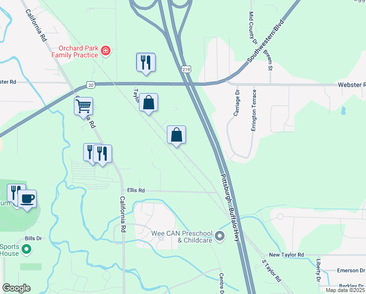 map of restaurants, bars, coffee shops, grocery stores, and more near 3885 Taylor Road in Orchard Park